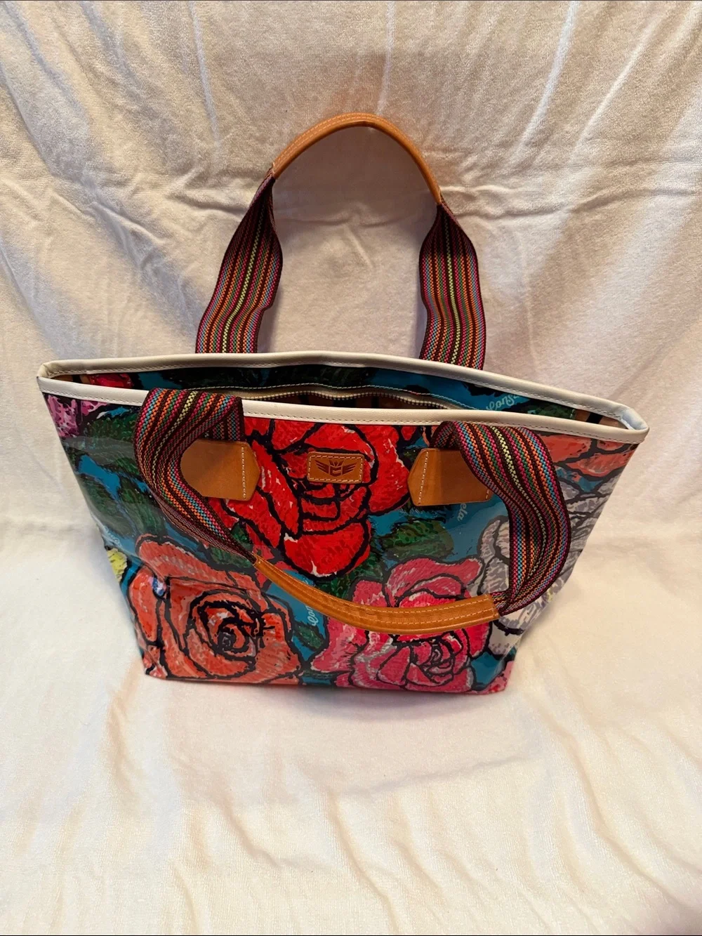 Consuela Painted Floral Canvas Tote with Striped Web Handles.